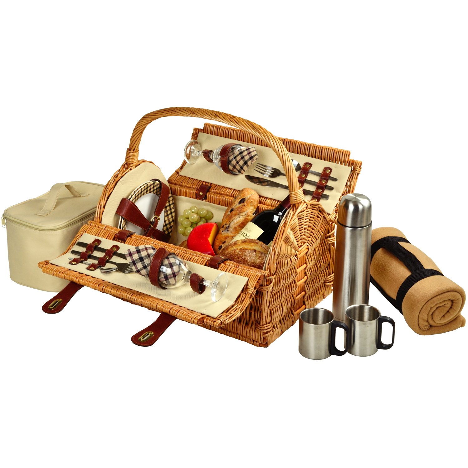 Premium Sussex Willow Picnic Basket for 2 with Coffee Set & Plaid Blanket - Classic London Plaid Design - Perfect for Outdoor Picnics, Beach Trips & Romantic Getaways