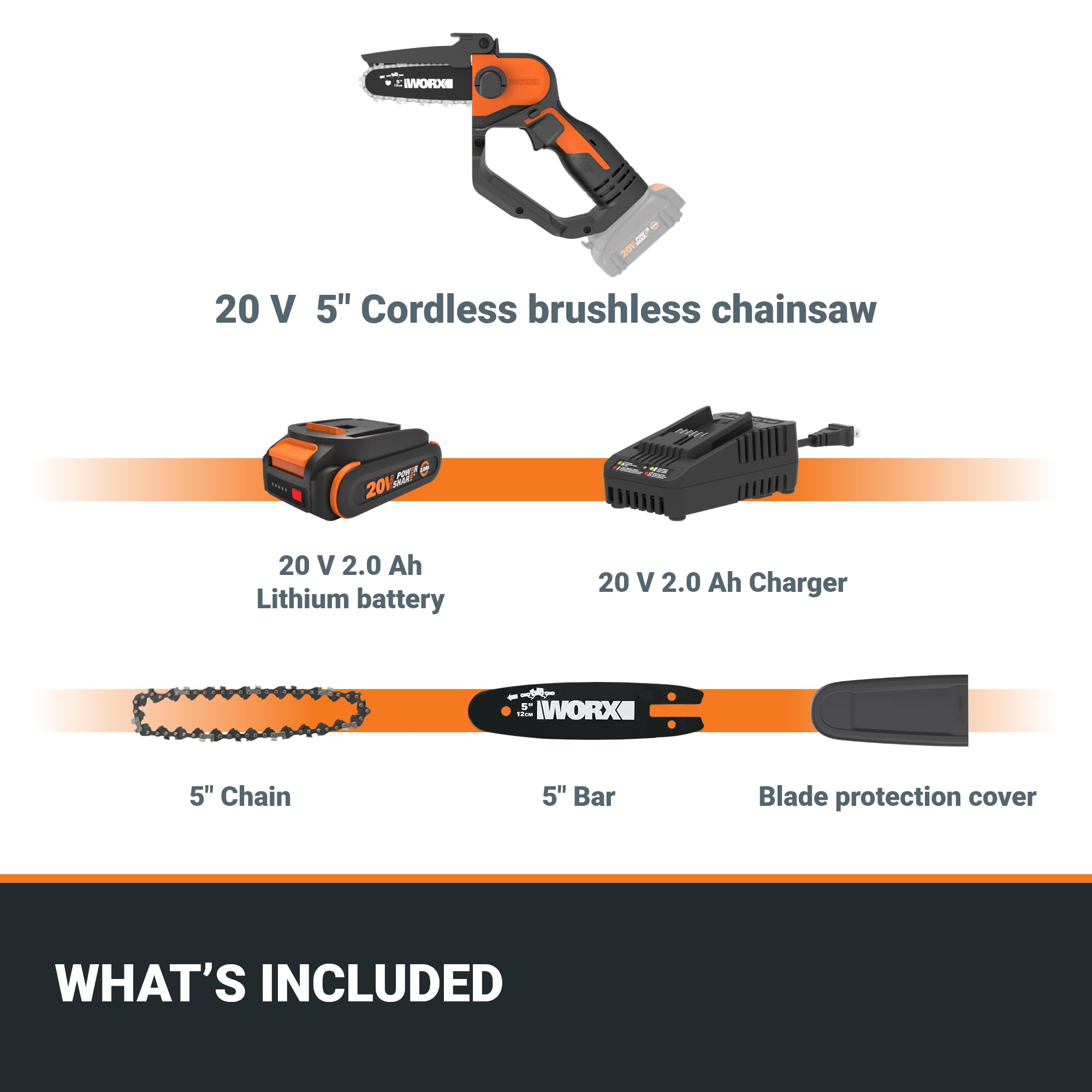 Worx WG324 20V 5-Inch Cordless Mini Chainsaw with Power Share Battery - Lightweight 3.9 lbs, 22 ft/s Chain Speed, Upper & Hand Guard (Battery & Charger Included) - Perfect for Tree Trimming, Yard Cleanup, and DIY Wood Cutting Projects