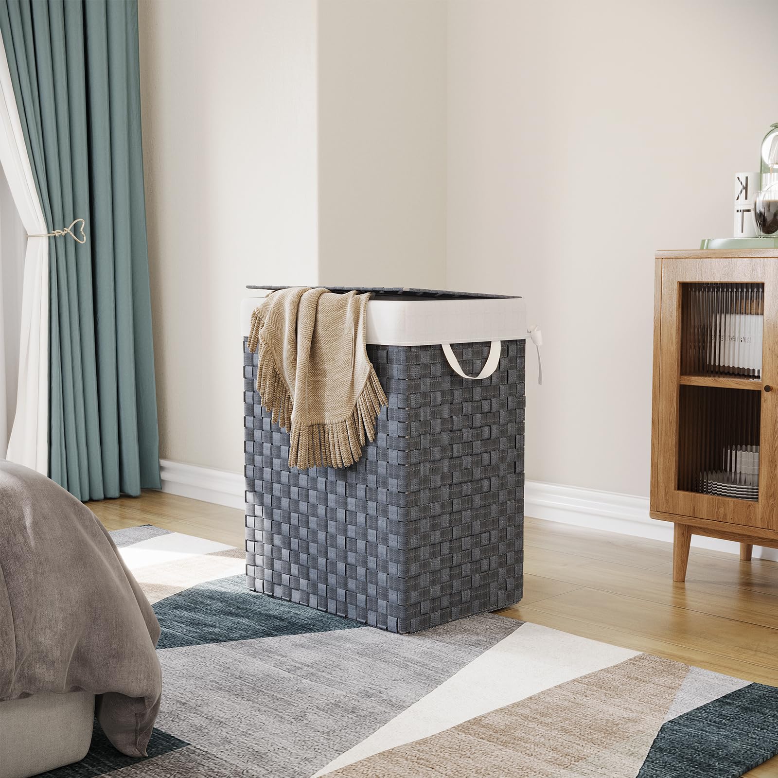 Fiona's Magic Handwoven 96L Large Laundry Hamper with Lid & Removable Liner Bags - Collapsible Tall Clothes Basket for Bedroom, Bathroom & Dorm Organization - Grey - Perfect for Small Spaces & Laundry Room Storage