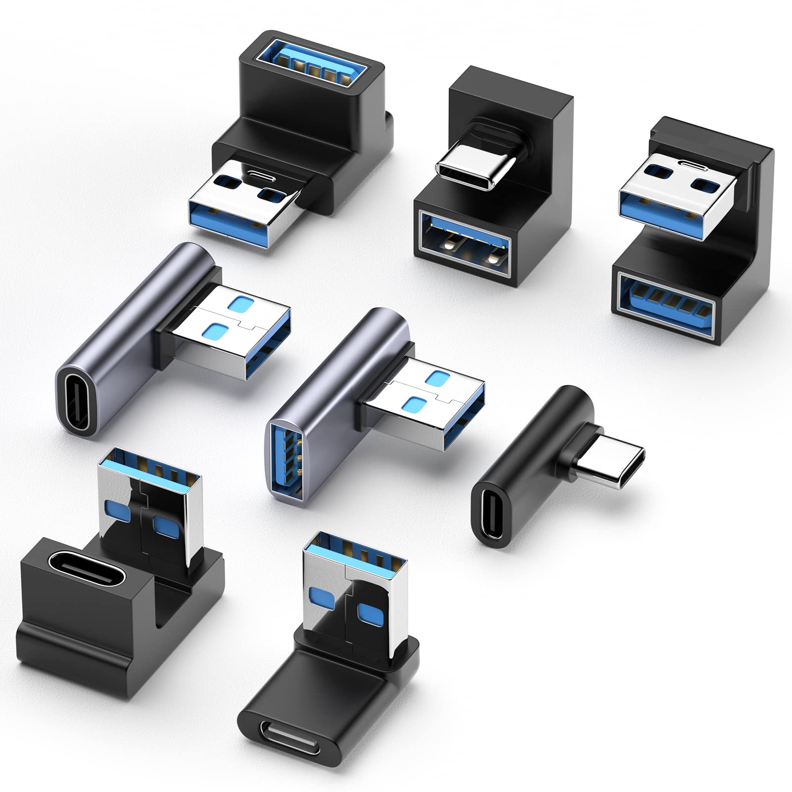 DuHeSin 8 Pack 90 Degree USB Adapter Set - 4x USB-A to USB-C, 3x USB-A to USB-A & 1x USB-C to USB-C Male to Female Converters - Compatible with Laptop, PC, Car Charger, Power Bank - Perfect for Office, Travel & Home Charging Stations
