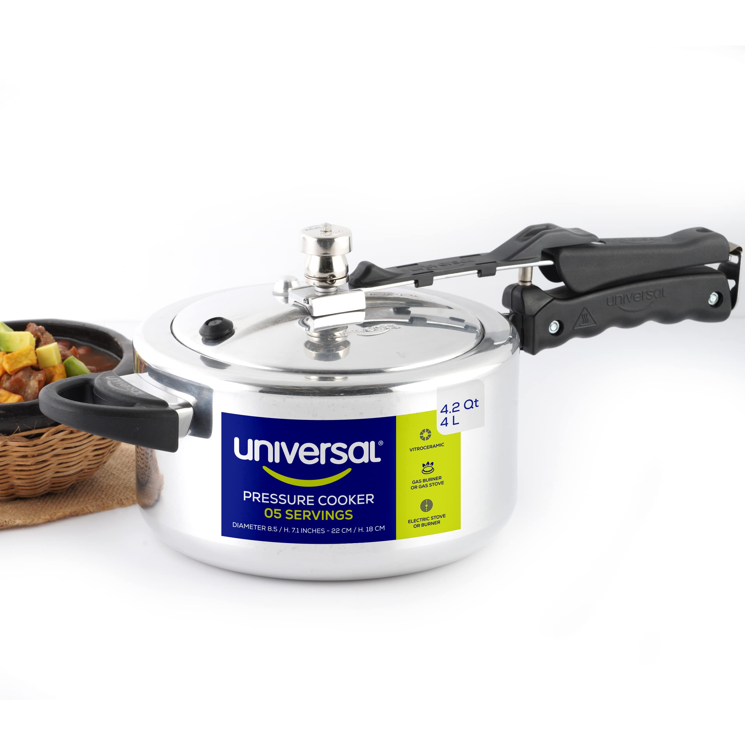4.2 Quart Aluminum Pressure Cooker with Safety Lock & Heat-Resistant Handles - 5-Serving Universal Pressure Cooker for Soups, Stews, Beans & Meat - Perfect for Home Cooking, Camping & Meal Prep