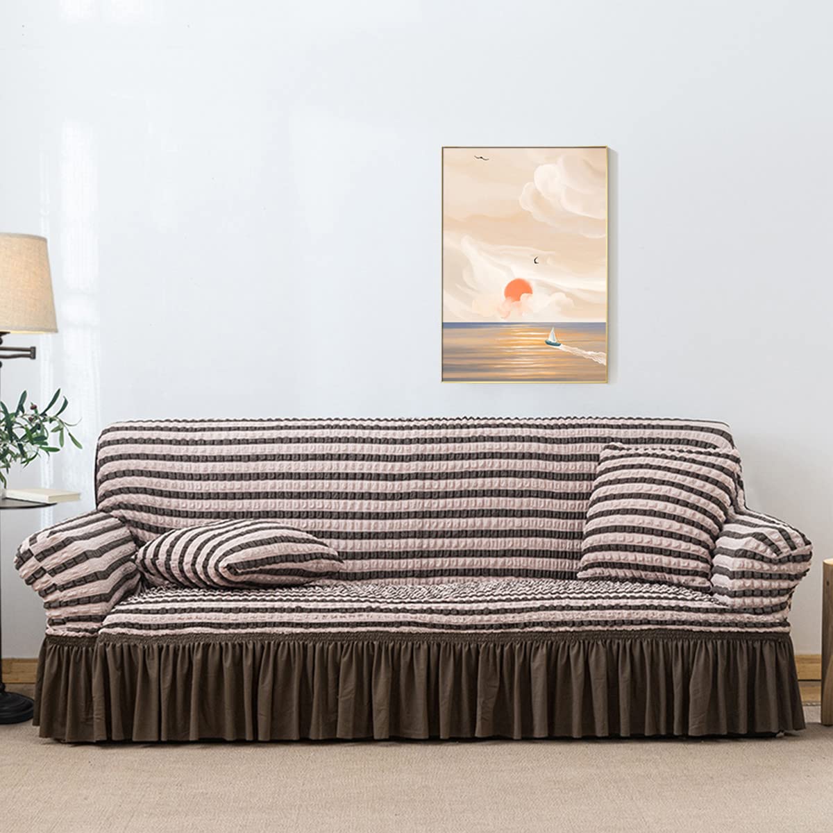 Qubjus Stretch Sofa Slipcover - Washable Couch Cover for Sofa & Bed - Elastic Bottom & Skirt Furniture Protector - Striped Brown Large - Perfect for Living Room, Family Room & Home Decor