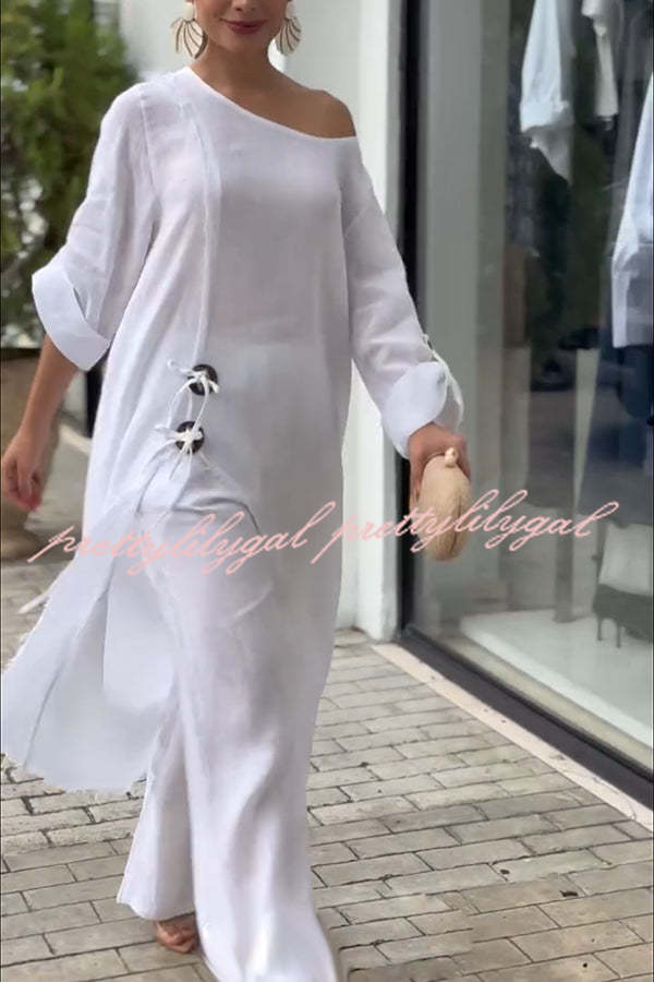 Tehla Linen Blend Ring Tie Up Detail Midi Blouse & Elastic Waist Pocketed Loose Pants Set - Women's Casual Outfit for Summer, Beach, and Office Wear