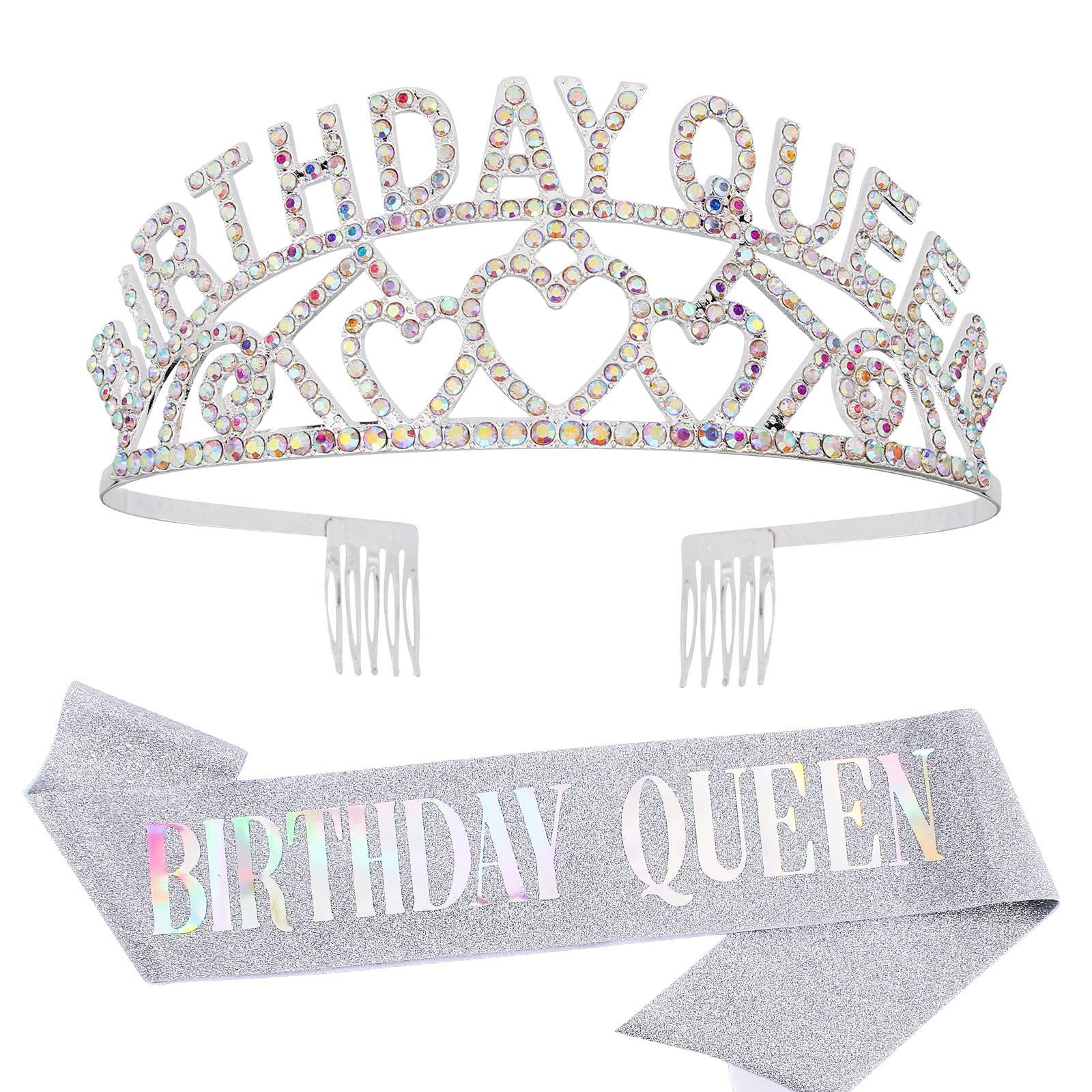 Semato Rhinestone Birthday Crown & Glitter Sash Kit - Elegant Birthday Tiara & Party Decorations for Women (Silver) | Perfect for Birthday Parties, Bachelorette Celebrations & Special Occasions