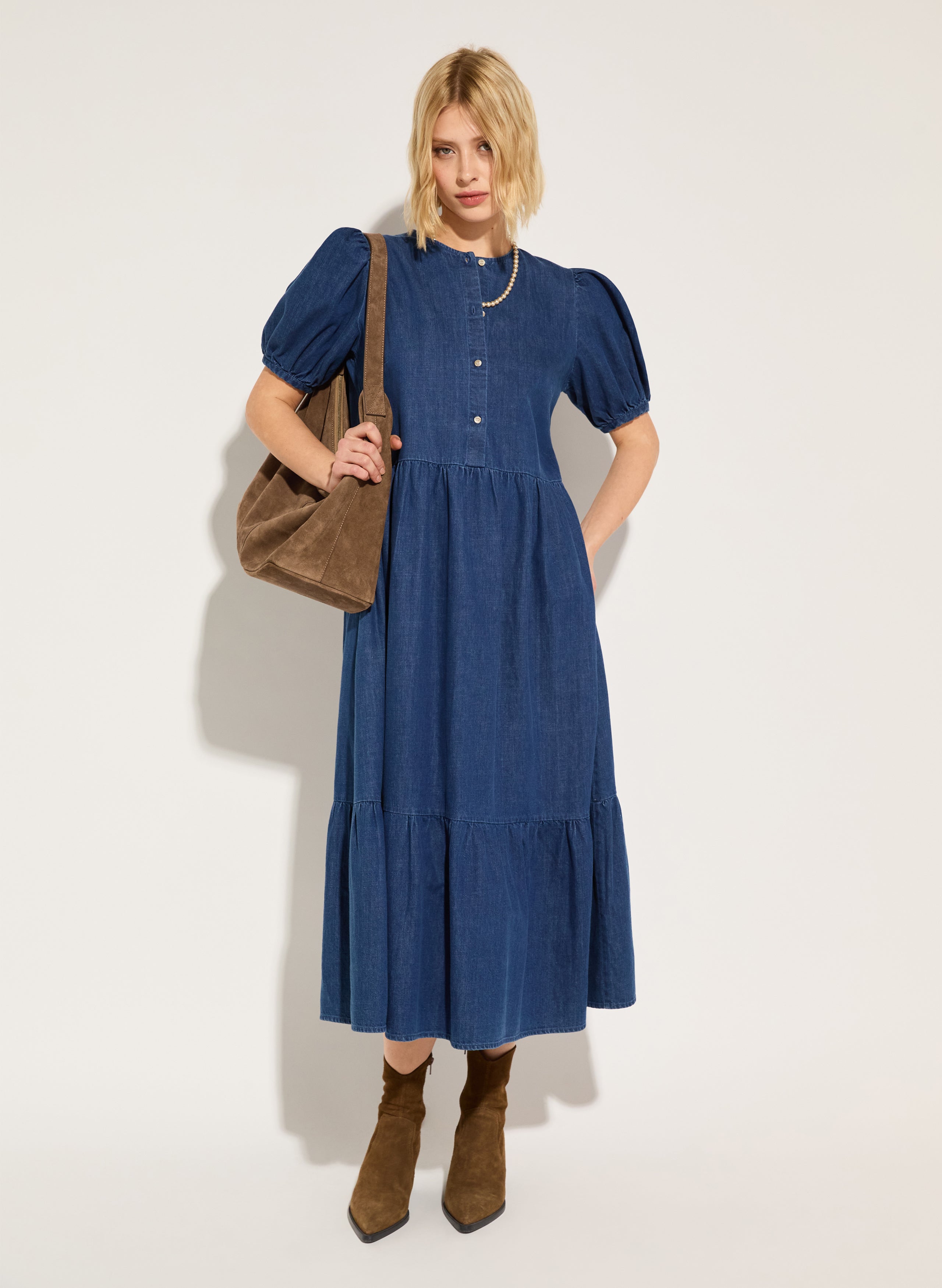 Clementina Denim Midi Dress for Women - Vintage Blue Denim A-Line Skirt Dress with Pockets | Perfect for Casual Outings, Date Nights & Summer Vacations