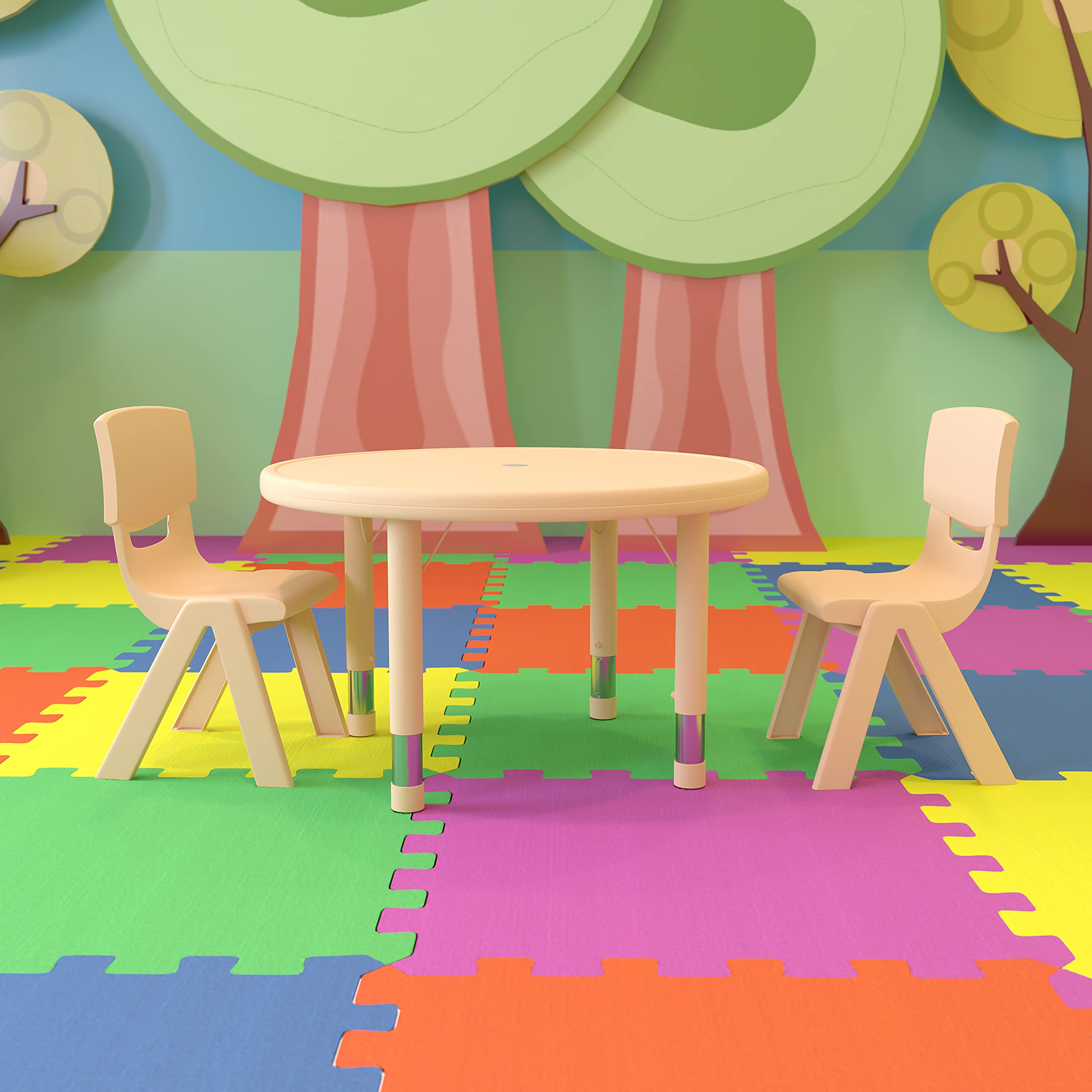 EMMA & OLIVER 33-Inch Round Kids Activity Table Set with 2 Adjustable Height Chairs - Natural Plastic Toddler Play Table for Arts, Crafts & Learning - Perfect for Preschool, Daycare & Home Playroom