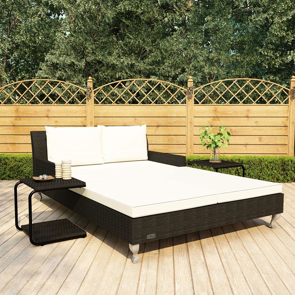 2-Person Outdoor Sun Bed - Black Poly Rattan Garden Sofa Daybed with Cushions - Perfect for Patio, Poolside & Backyard Relaxation