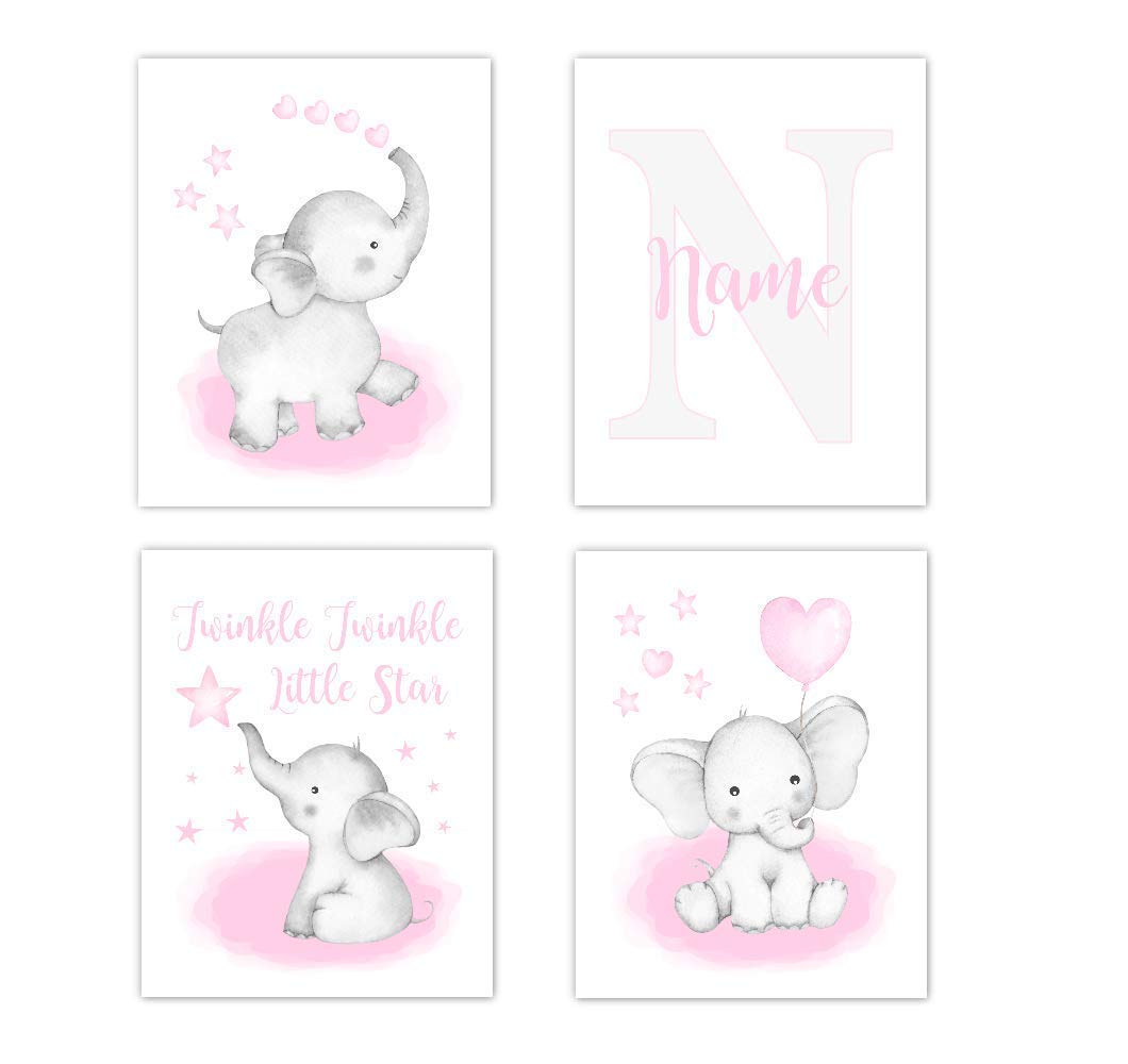 Personalized Elephant Nursery Wall Art - Twinkle Little Star Prints for Baby Girl Room Decor