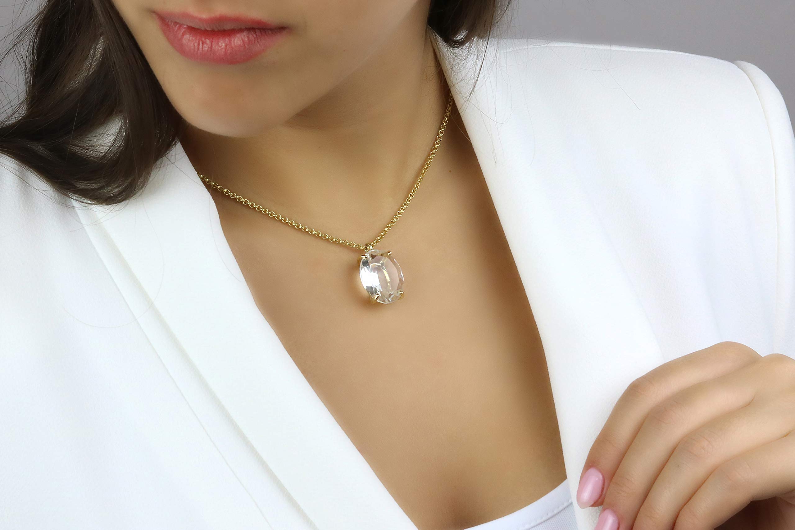 Anemone Jewelry Clear Quartz Pendant Necklace - Natural Gemstone Oval Necklace Handmade for Women - Adjustable Length Fashion Jewelry Gift for Birthday, Anniversary & Spiritual Healing