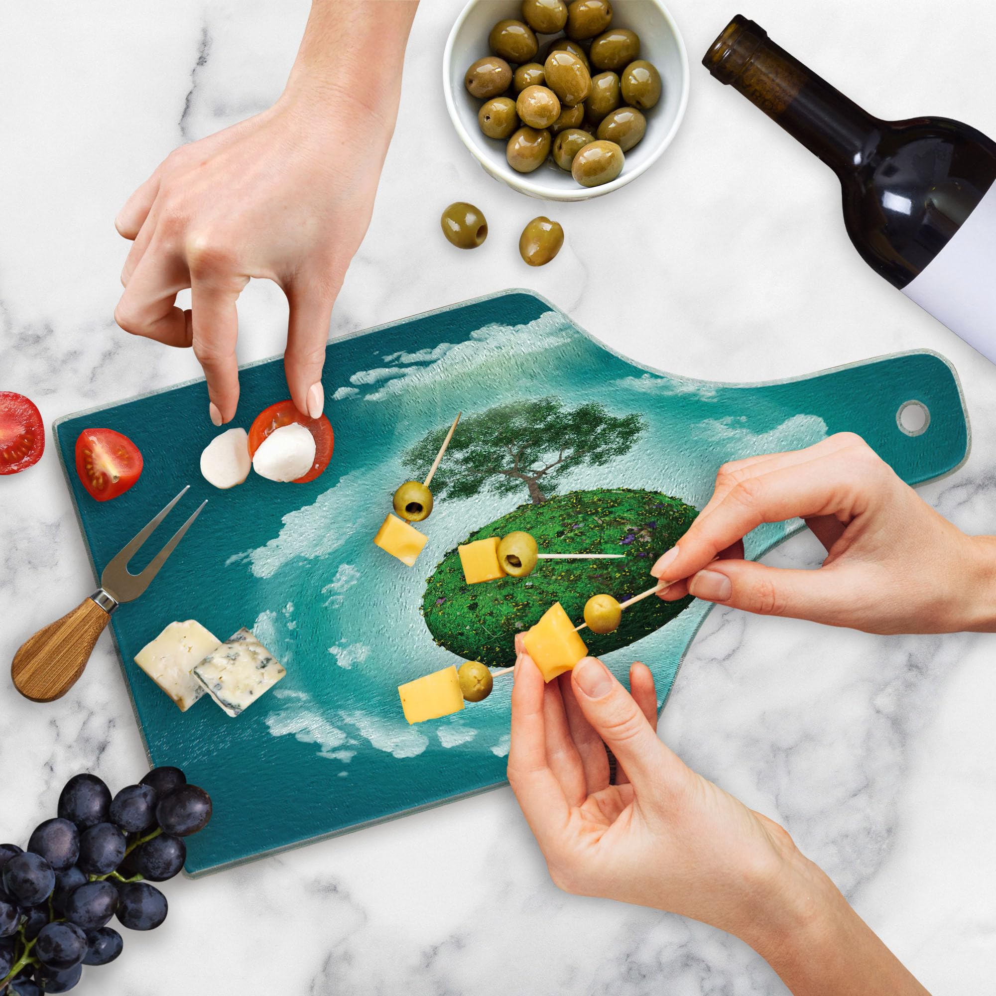 Ambesonne Tree of Life Tempered Glass Cutting Board - Artistic Wine Bottle Shaped Serving Board with Grassy Globe & Plant Clouds Design - Perfect for Kitchen Use, Charcuterie Platter & Home Decor (Green, Blue, White)