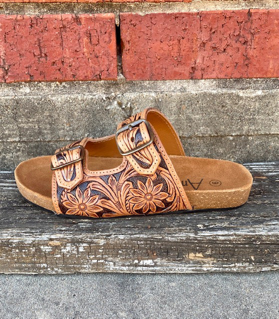 American Darling Tooled Double Buckle Sandals - Handcrafted Leather Women's Casual Shoes for Summer Outfits & Boho Style | Perfect for Beach, Vacation, and Everyday Wear