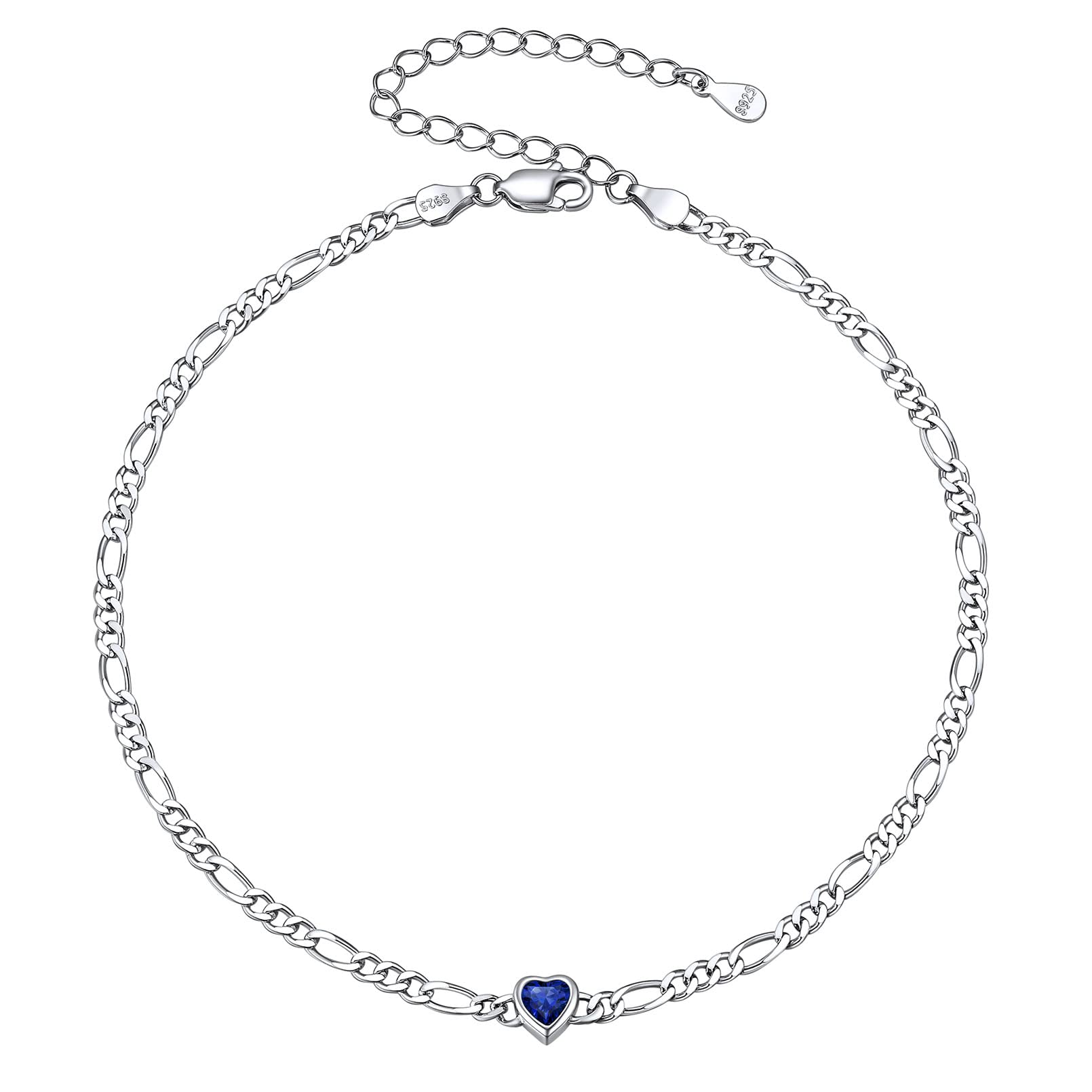 ChicSilver 925 Sterling Silver Heart Birthstone Figaro Chain Anklet for Women - Dainty Summer Beach Ankle Bracelet with Gift Box | Perfect for Casual Wear, Vacation & Everyday Jewelry