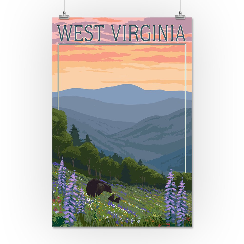 Lantern Press 16x24 Inch Giclee Art Print - West Virginia Landscape with Bear and Spring Flowers - Perfect for Home Decor, Office Wall Art & Nature Lovers Gift