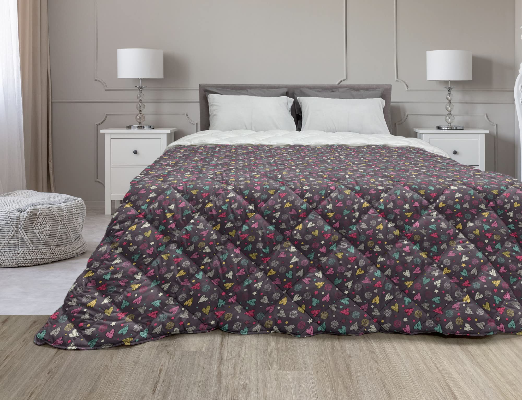 Ambesonne Hearts Down Alternative Comforter - Hand Drawn Romantic Flowers & Stars Design, All Season Microfiber Quilt, Twin XL Size in Eggplant & Multicolor | Perfect for Bedroom Decor, Guest Room & Cozy Nights