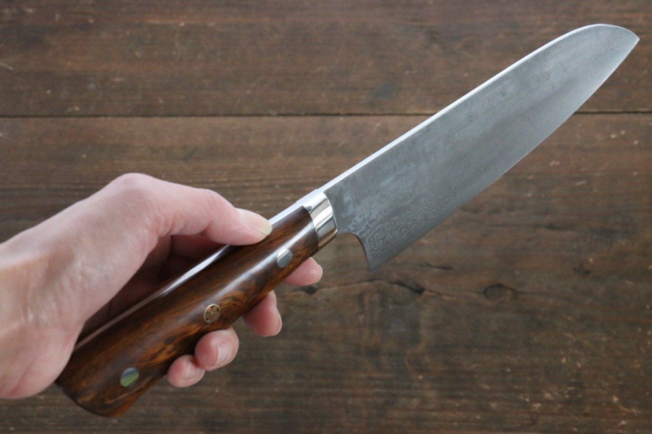 Premium Nao Yamamoto Coreless Damascus Santoku Knife 170mm with Ironwood Handle - Japanese Kitchen Knife for Slicing, Dicing & Chopping Vegetables, Meat & Fish