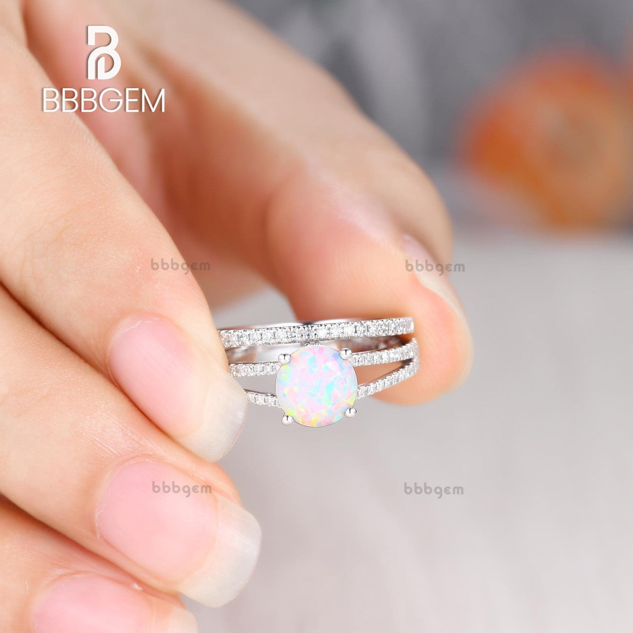 Vintage Opal Engagement Ring Split Shank Set with Pave Diamond Band - Elegant Wedding Jewelry for Brides, Anniversary Gifts & Special Occasions