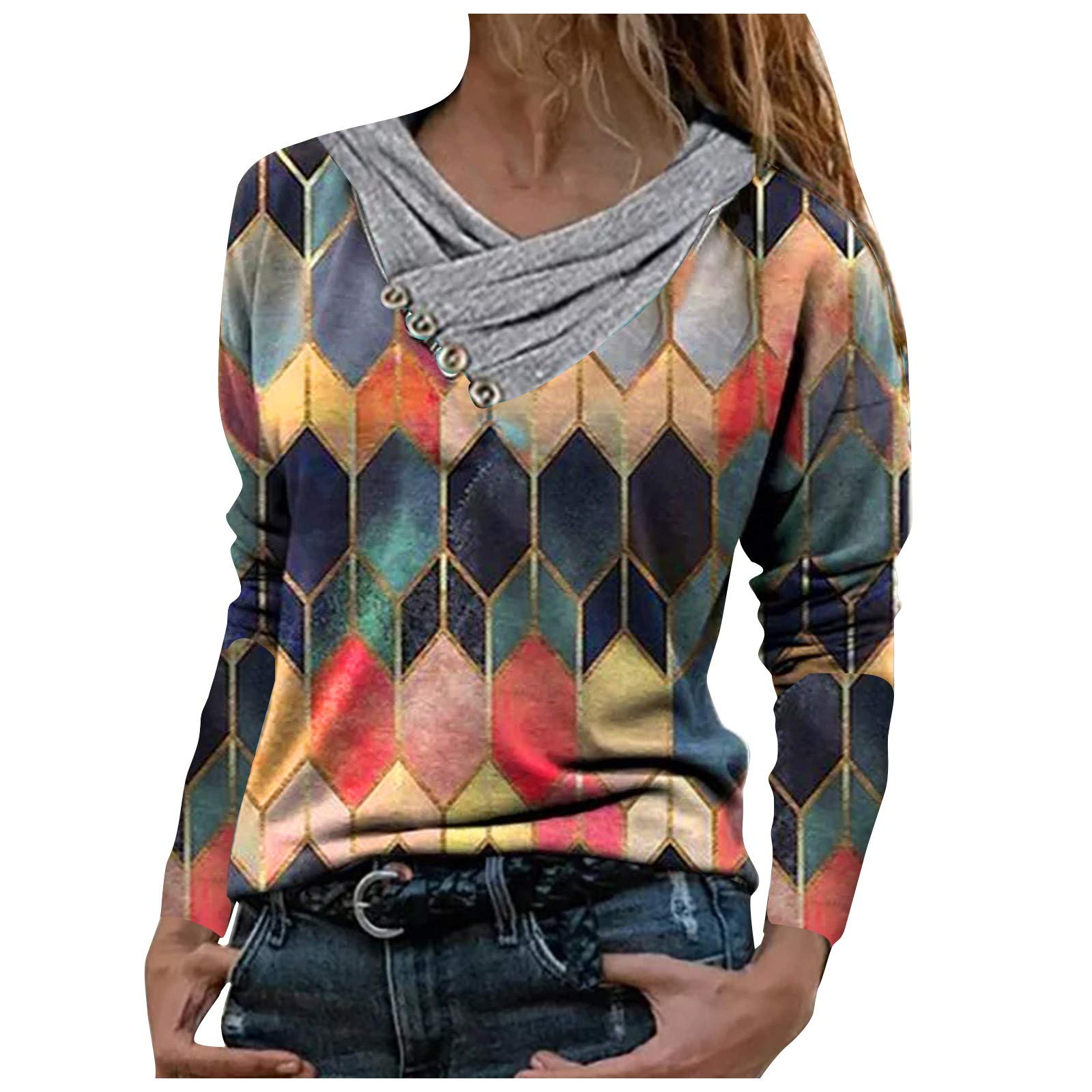 Women's Long Sleeve Plaid Print V-Neck Tunic Top - Lightweight Casual Blouse & Sweatshirt for Work, Outfits & Fall Layering