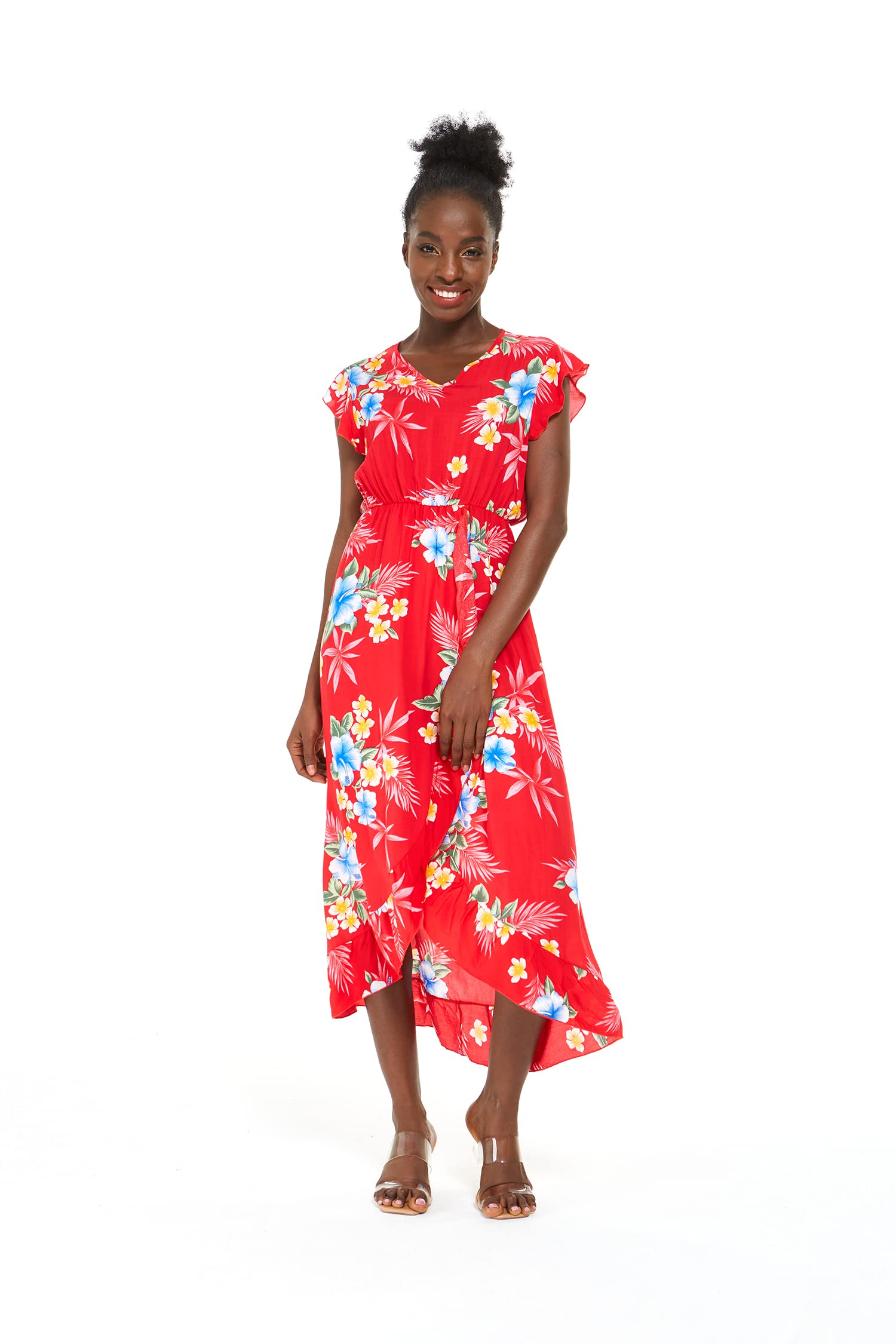 Hawaiian Luau Wrap Ruffle Dress for Women - Floral Hibiscus Vine Print - Perfect for Beach Parties, Summer Vacations & Tropical Getaways