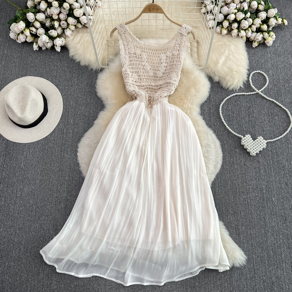 French Hollow Stitch A-Line Pleated Chiffon Summer Dress for Women - Elegant Flowy Skirt for Beach, Party & Casual Wear | Style 994