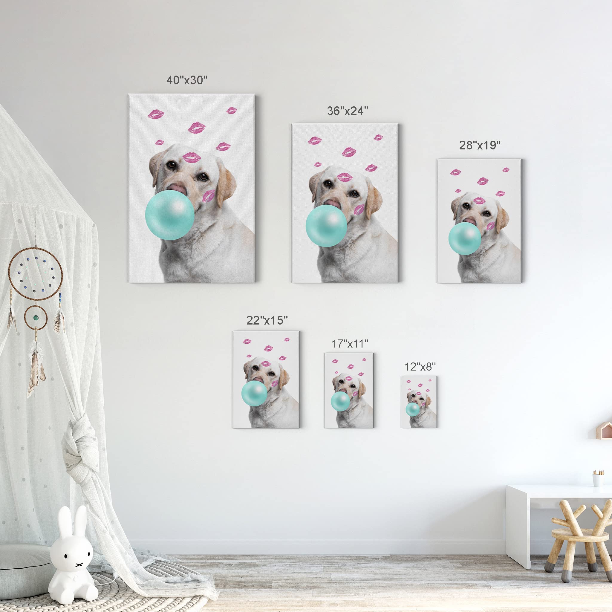 Labrador Retriever Dog Chewing Bubble Gum Canvas Wall Art - 36x24 Inch Pet Portrait Pop Art Print for Living Room, Bedroom & Nursery Decor - Perfect Gift for Dog Lovers (Teal Blue Design)