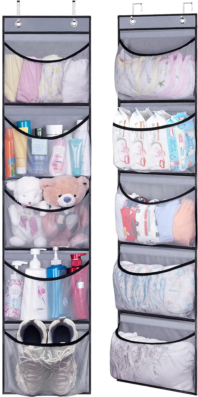 KEETDY Over The Door Hanging Shelves - 5-Pocket Storage Organizer for Closet, Bedroom & Bathroom - Space Saving Solution for Towels, Toys & Accessories - 2 Pack (Grey)