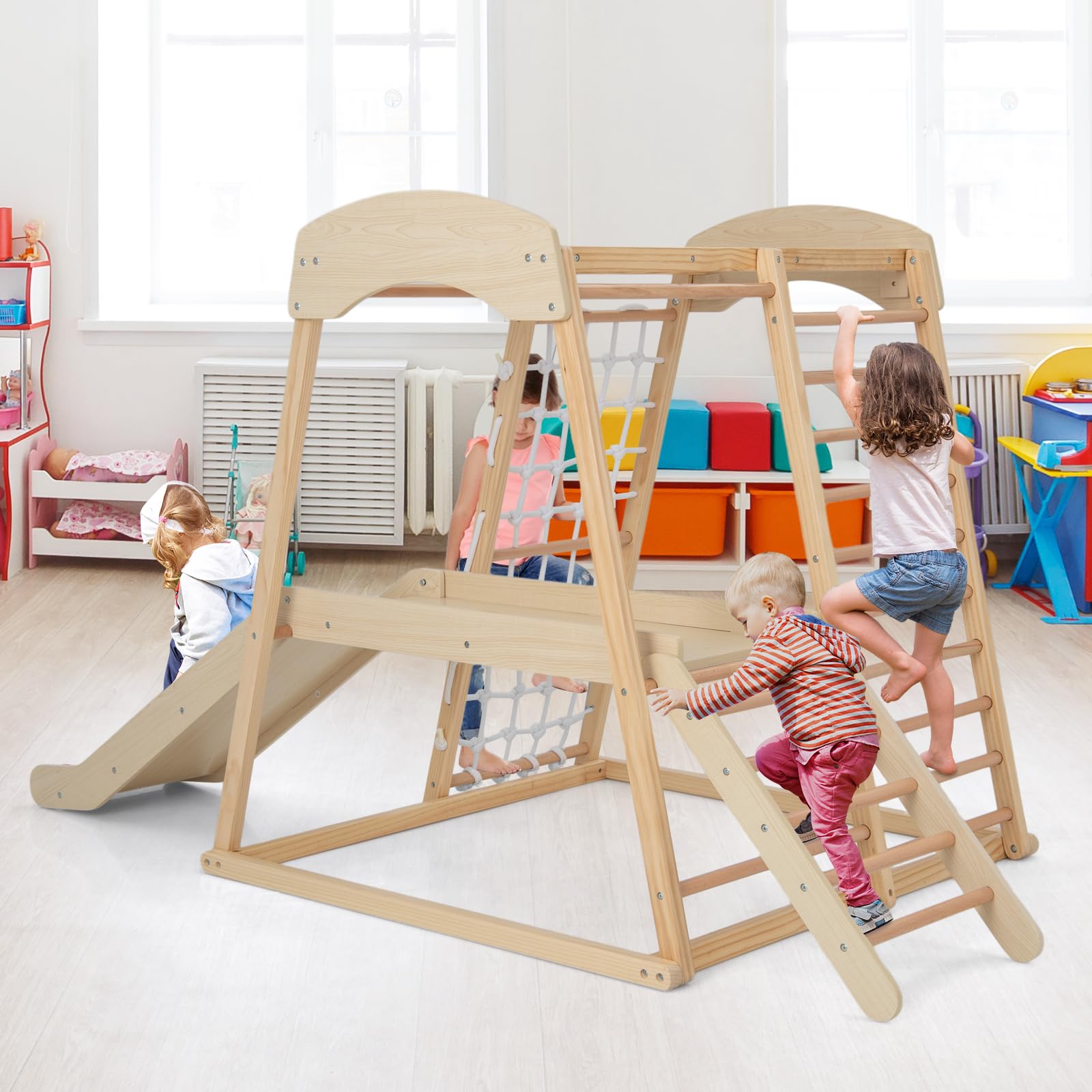 Costzon 6-in-1 Indoor Jungle Gym for Toddlers - Montessori Climbing Toys with Slide, Climbing Net & Monkey Bars - Wooden Playground Climber Playset for Kids - Perfect Gift for Birthday & Christmas - Ideal for Home Playrooms, Daycares & Preschools