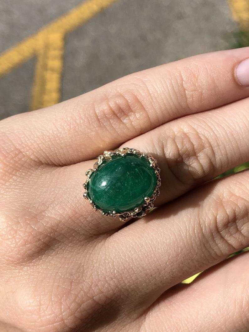 11.90 Carat Muzo Colombian Emerald Cabochon Ring in 14K Gold - Dark Green Natural Gemstone Jewelry for Women, Perfect for Weddings, Parties & Special Occasions
