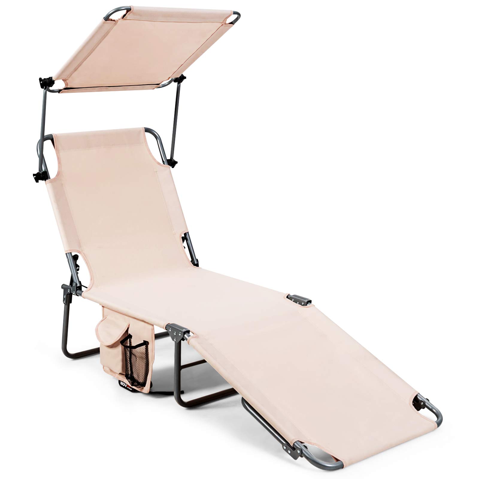 Giantex Adjustable Patio Chaise Lounge Chair with Canopy & Storage - 5-Position Reclining Tanning Chair for Poolside, Beach, Lawn, Camping & Outdoor Relaxation - Foldable Sunbathing Recliner (Beige)