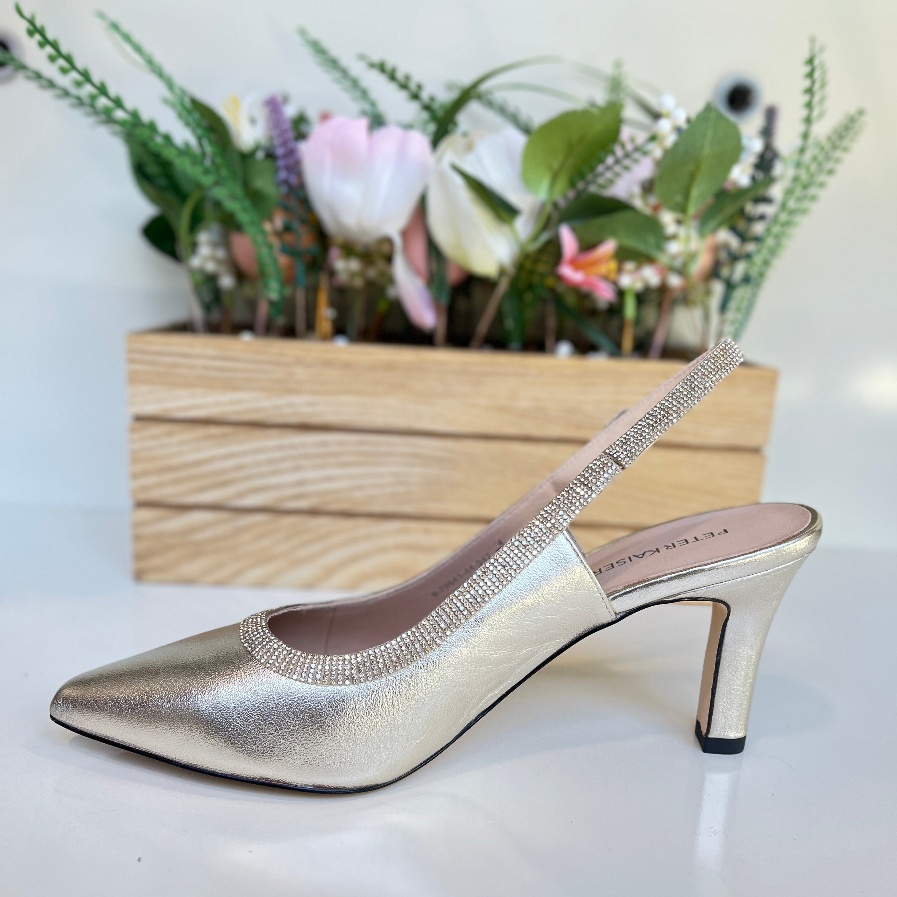 PETER KAISER Women's Gold Slingback Heels with Diamante Detail - Elegant Evening Shoes for Parties, Weddings & Special Occasions