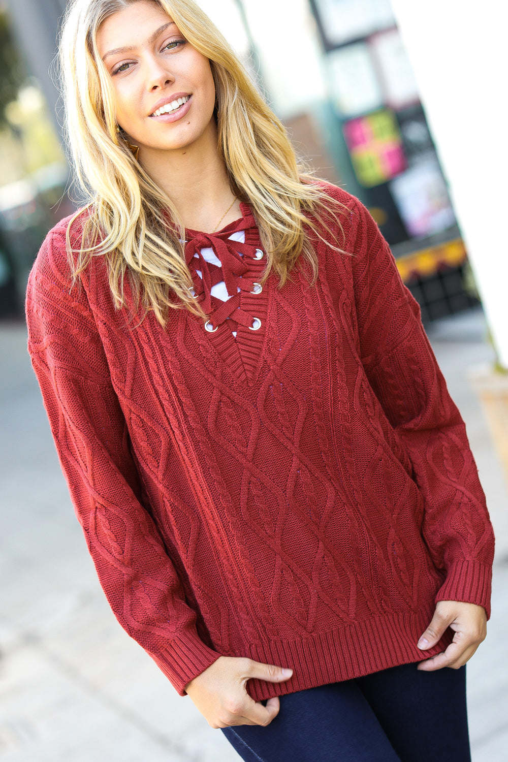 Fall Vibes Rust Cable Knit Lace-Up V-Neck Sweater for Women | Cozy Autumn Pullover | Perfect for Pumpkin Patch, Thanksgiving & Date Nights