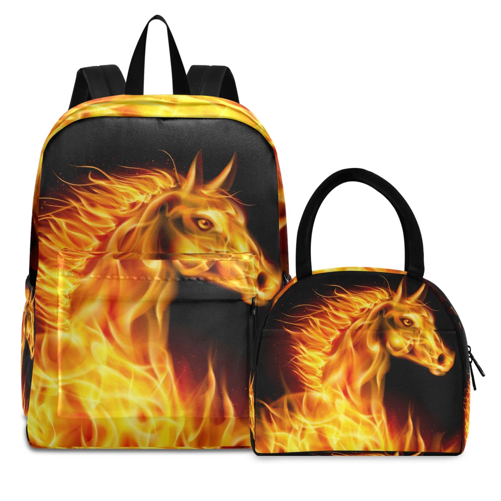 UMIRIKO Horse Fire Animal Kids Backpack with Lunch Box for School - Durable Backpack for Boys Girls, Perfect for Preschool, Elementary School, and Travel 20212437