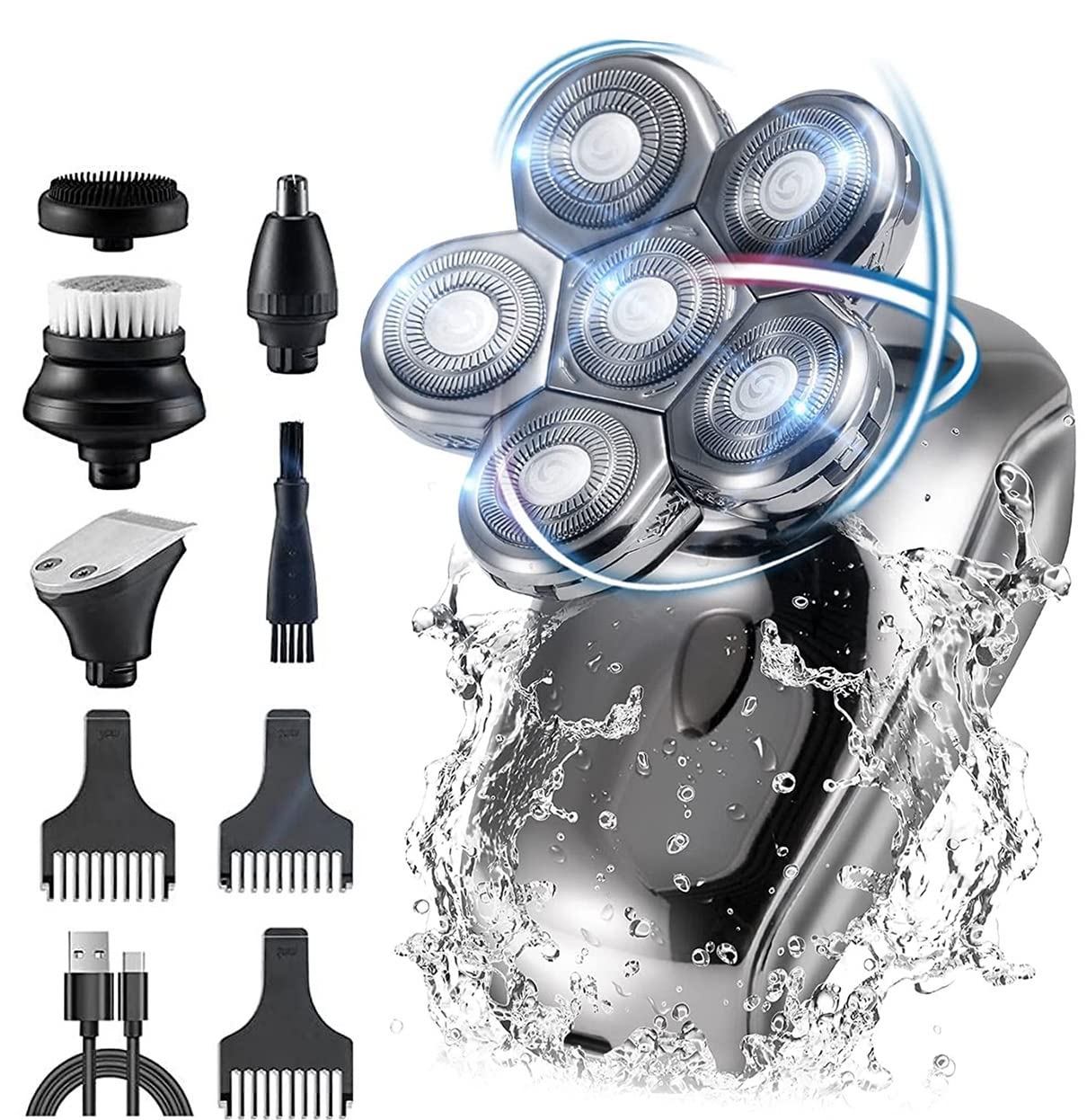 6-in-1 Rechargeable Electric Razor for Men - Wet/Dry Beard Trimmer, Body Groomer & Bald Head Shaver | Professional Grooming Kit for Facial Hair, Body Hair & Head Shaving | Perfect for Home, Travel & Gym Use