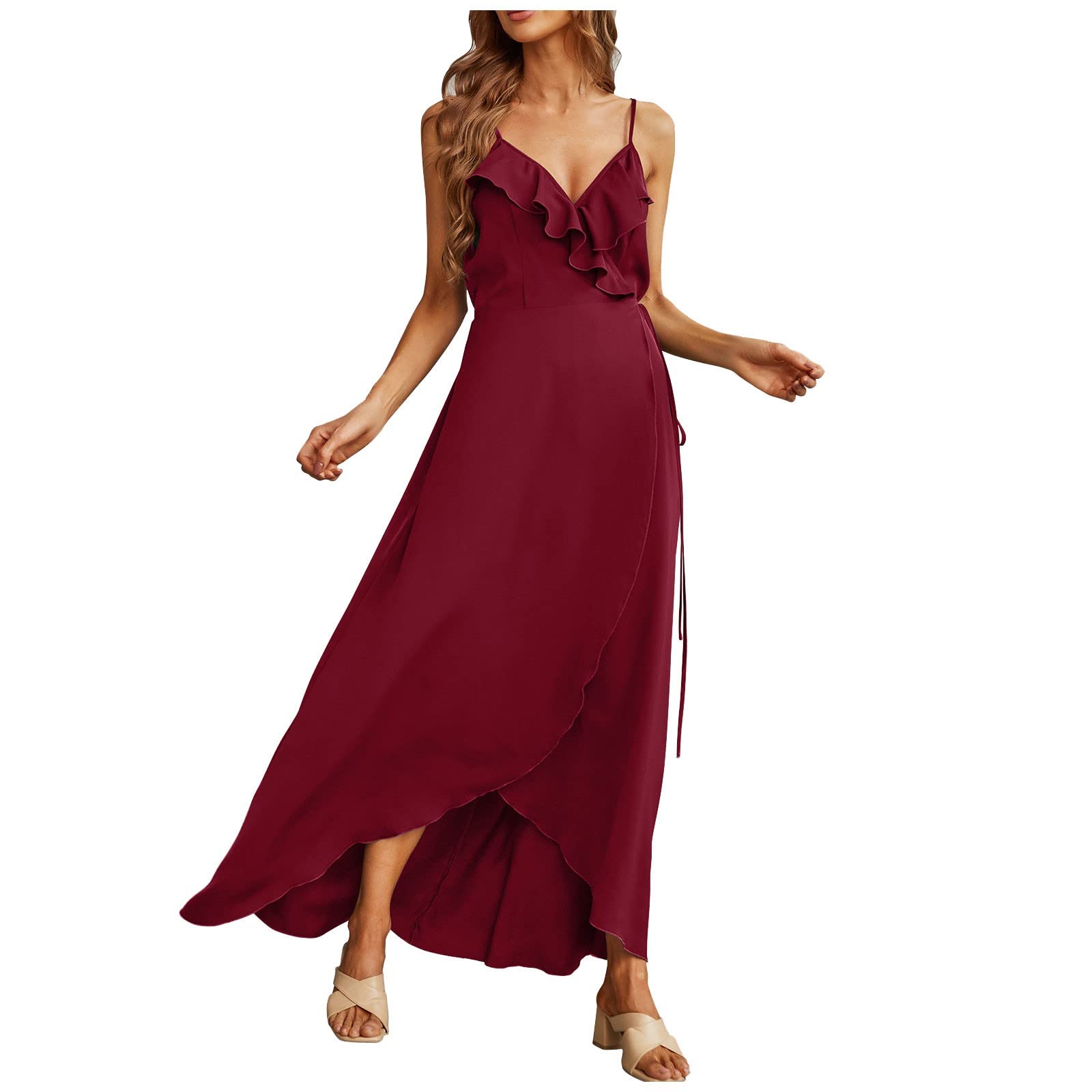 **Sexy Summer Women's Ruffle Elegant Sleeveless Slit High Waist Party Dress - Perfect for Night Out, Club, Cocktail Party & Beach Vacation**