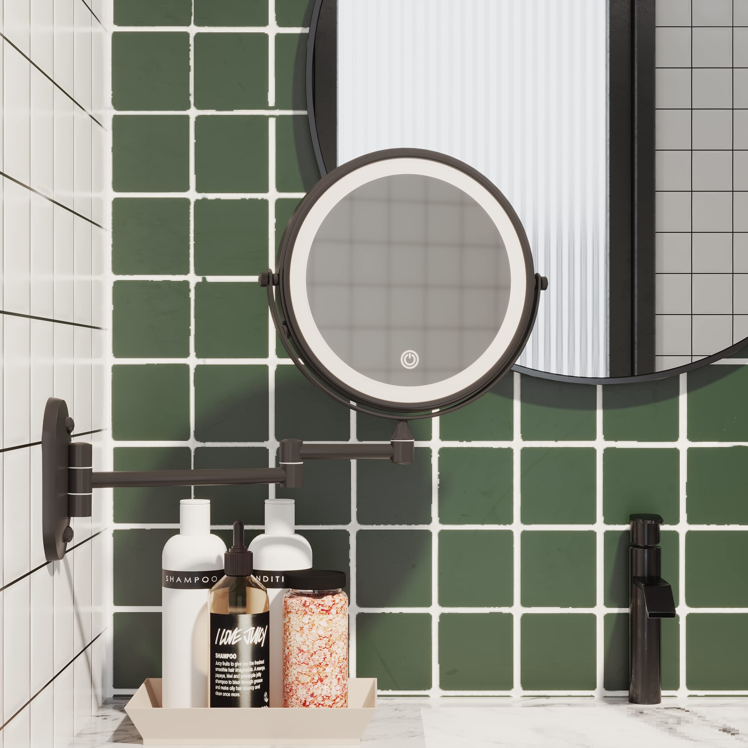 Rechargeable Makeup Mirror with LED Lights - 8 Inch Double Sided Vanity Mirror (1x/10x Magnification) - Matte Black Stainless Steel & Zinc Alloy Wall Mounted Mirror for Bathroom, Bedroom, and Dressing Room