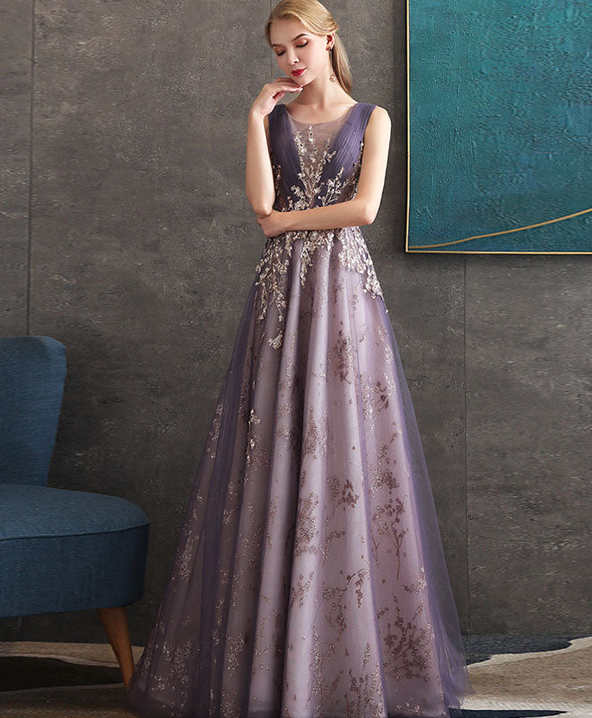 Elegant Purple Tulle Lace Round Neck Long Prom Dress - Formal Evening Gown for Homecoming, Wedding, Ball & Special Occasions