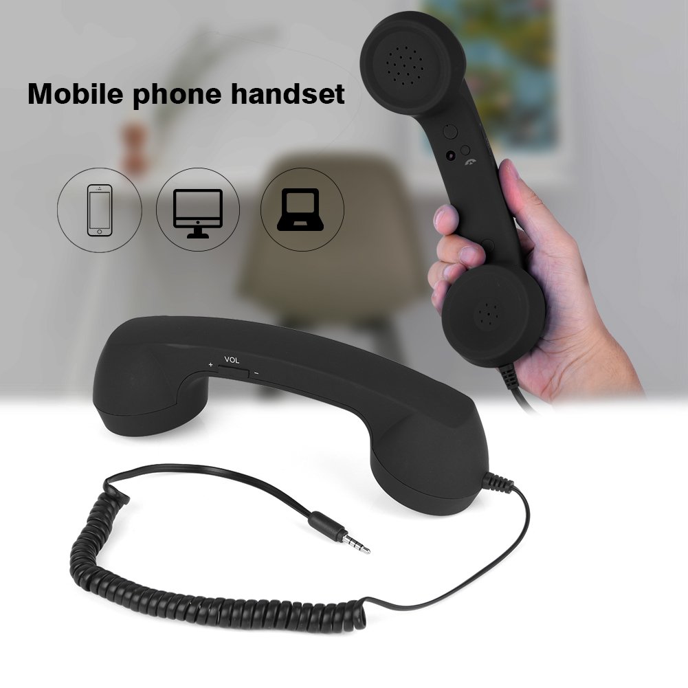 Vintage Wired Telephone Headset with 3.5mm Jack & Built-in Mic - Anti-Radiation Retro Phone Handset for iPhone & Smartphones - Perfect for Office Calls, Gaming & Vintage Style Lovers (Black)