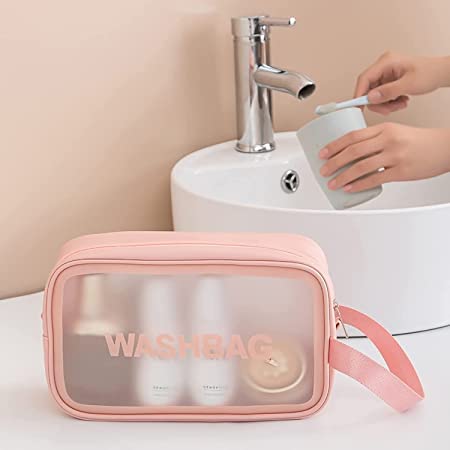 Waterproof PVC Travel Toiletries Bag - Clear Cosmetic Makeup Organizer Pouch for Women | Portable Shower Wash Bag for Bathroom, Gym & Vacation (White)