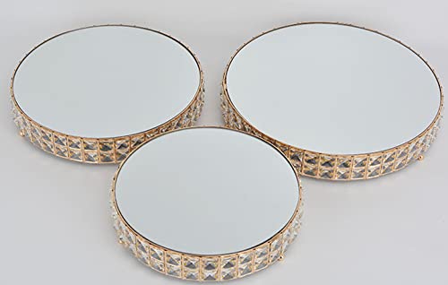 3-Tier Gold Metal Cake Stand with Crystal Beads & Mirror Top - 12