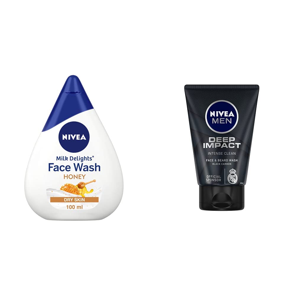 Nivea Milk Delights Moisturizing Honey Face Wash for Dry Skin - 100ml & Men's Deep Impact Intense Clean Face Wash - 100g | Gentle Daily Cleanser for Soft, Hydrated Skin & Deep Pore Cleansing