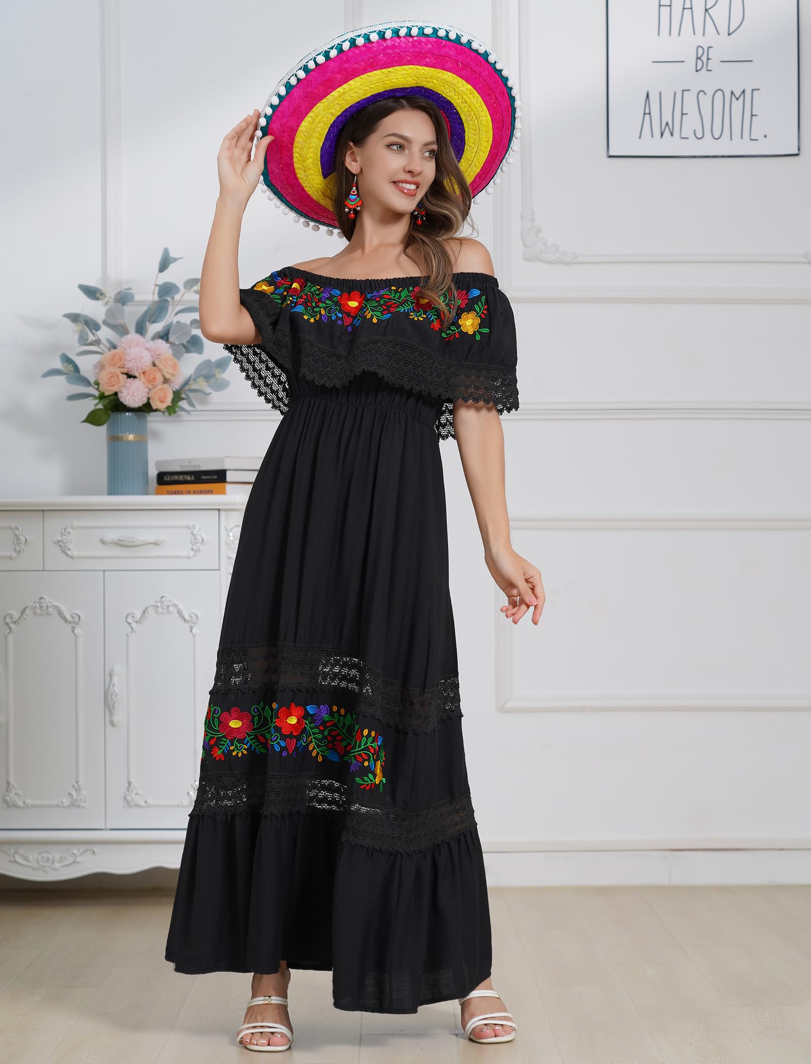 Mexican Floral Embroidered Off-Shoulder Long Maxi Dress for Women - Summer Boho Beach Dress, Casual Party Wear & Vacation Outfit