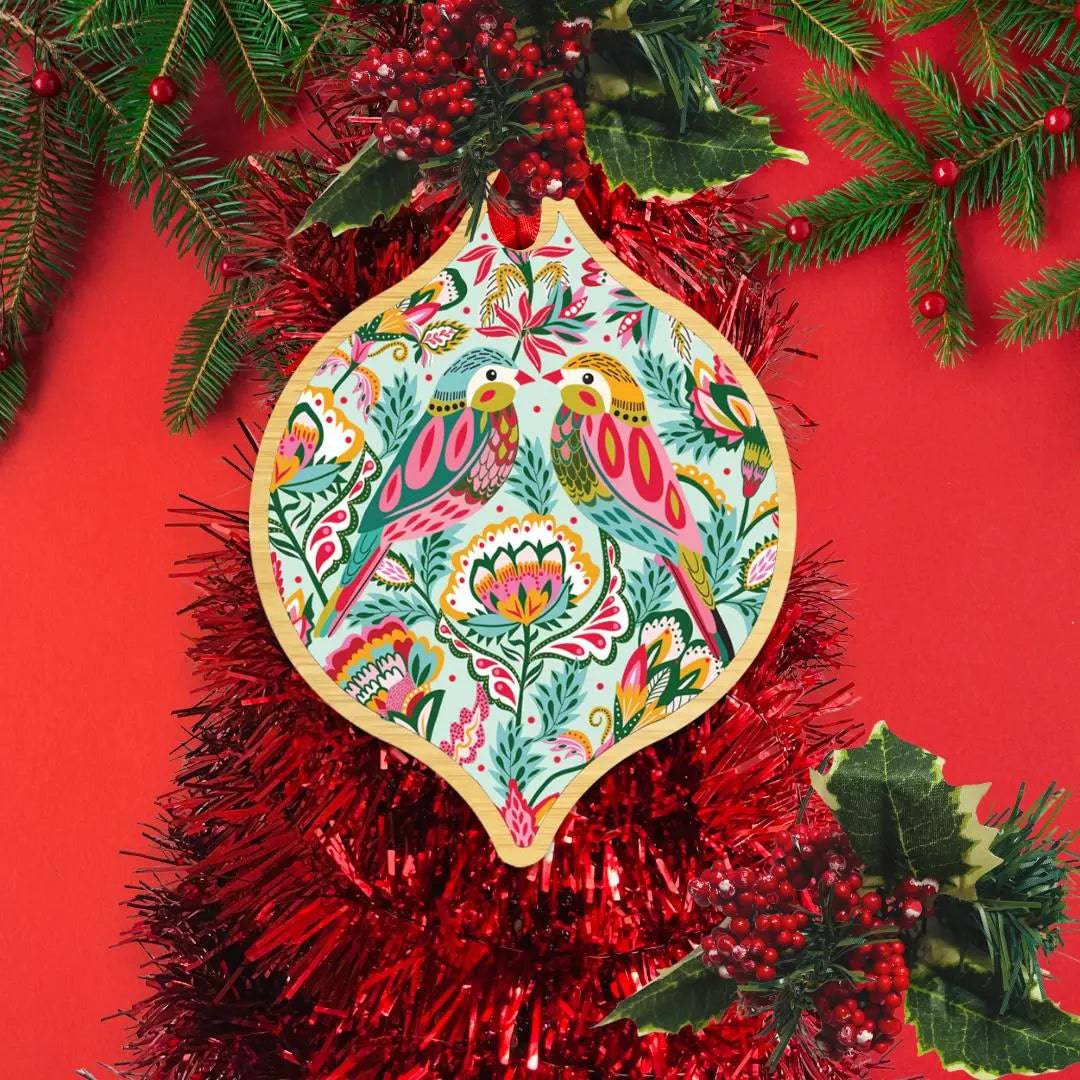 Handmade Bejewelled Birds Christmas Card & Bauble Set - Festive Holiday Greeting Card with Ornament for Xmas Tree Decor - Perfect for Holiday Gifting, Home Decor & Christmas Party Favors