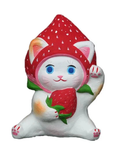 Nagahama Doll Japanese Maneki Neko (Beckoning Cat) Lucky Charm - Strawberry Design, Traditional Japanese Fortune Cat Figurine for Home Decor, Office Feng Shui & Gift Giving