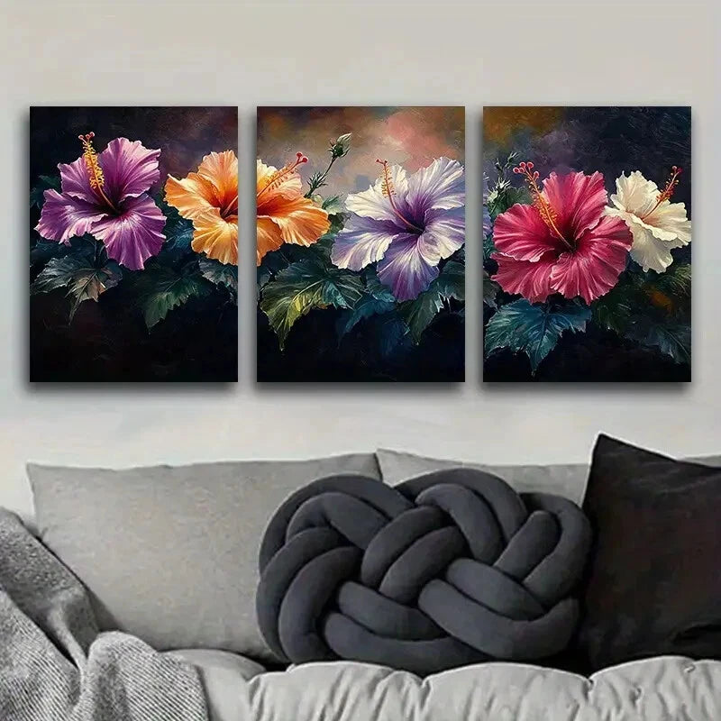 3-Piece Vibrant Hibiscus Flower Metal Wall Art Prints - Ready to Hang Tropical Home Decor for Living Room, Bedroom & Office