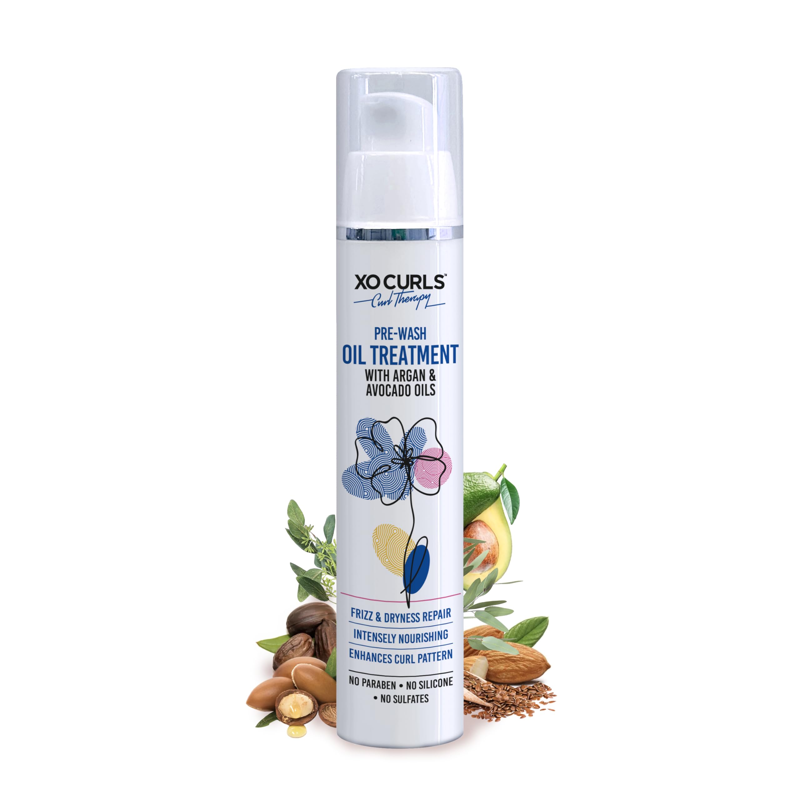 XO Curls Pre-Wash Oil Treatment with Argan & Avocado Oils - Frizz-Free Curly Hair Therapy for Women & Men - Softens & Defines Natural Curls - Perfect for Daily Hair Care & Styling