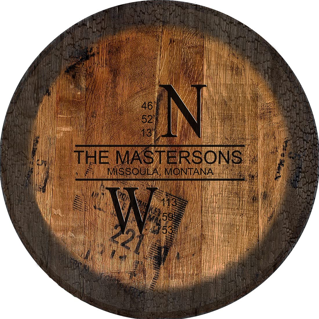 Custom Coordinates Pub Wall Decor - Large Oak Whiskey Barrel Lid with Personalized Map - Perfect for Man Cave, Home Bar & Rustic Wall Art Decorations