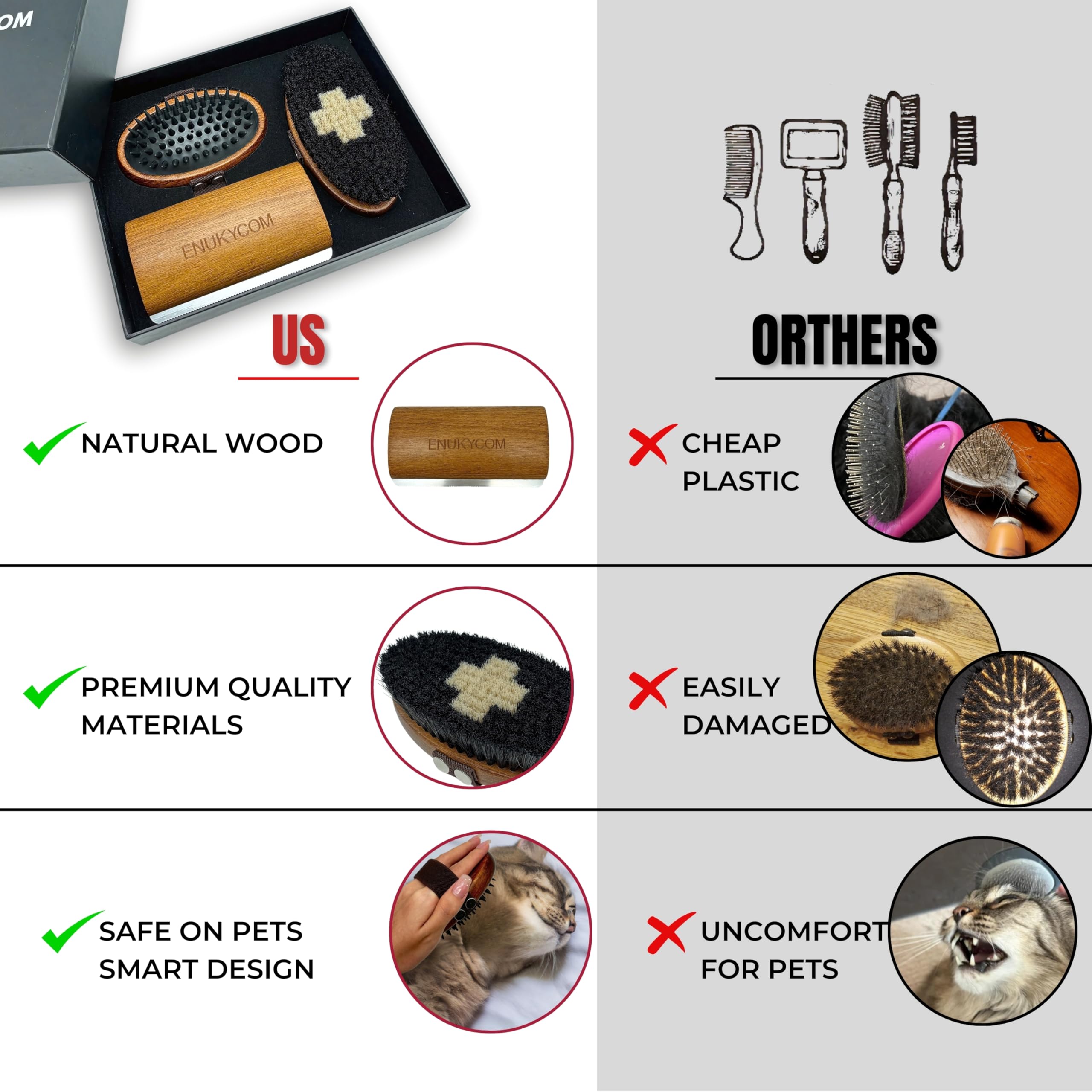 Premium Wooden Pet Grooming Kit for Dogs, Cats & Horses - Natural Bristle Brush, Massage Brush & Deshedding Tool - Best for Short-Haired & Double-Coated Pets - Reduce Shedding & Promote Healthy Coat - Perfect for Home Grooming & Professional Use