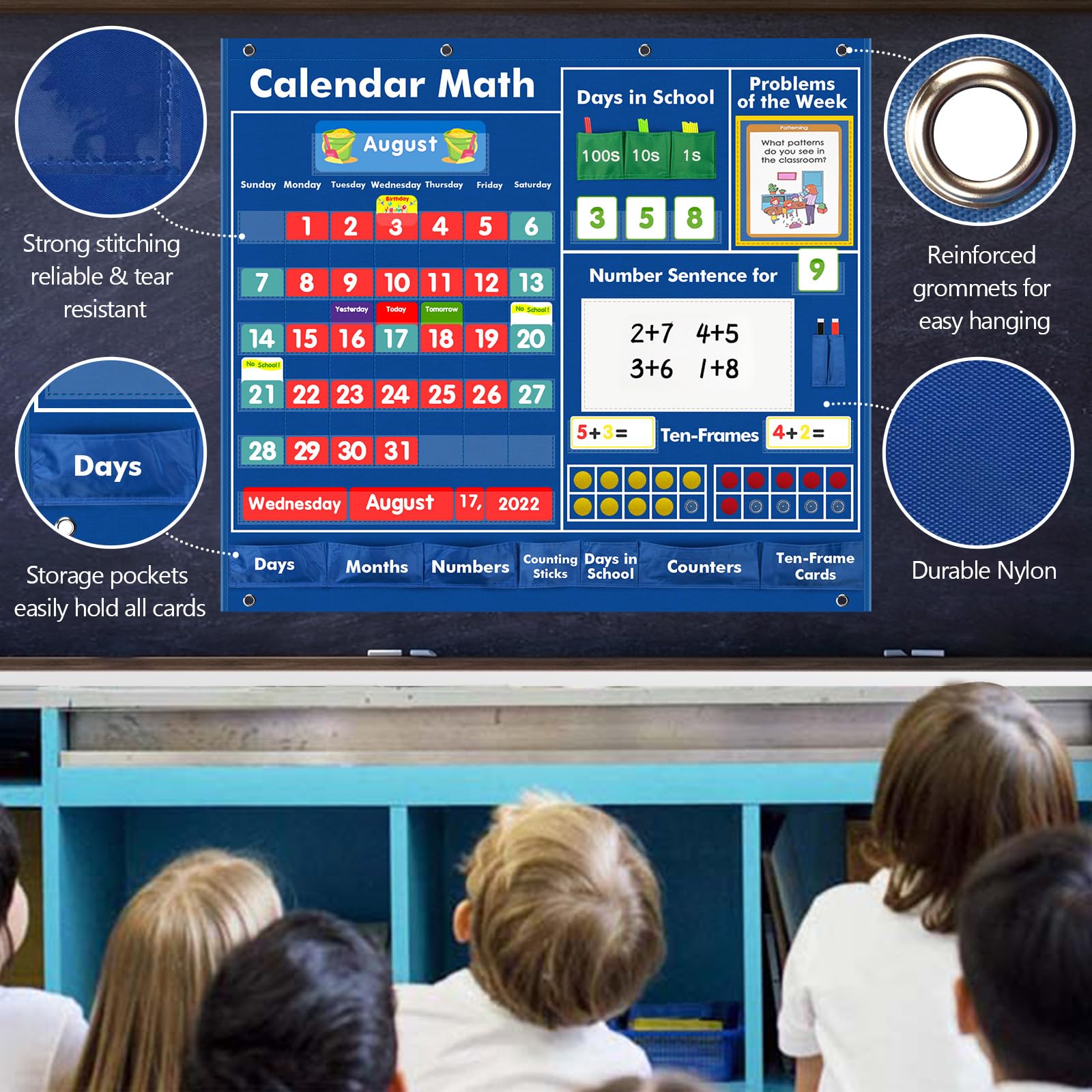 KIGOAL Daily Math Calendar Pocket Chart - Educational Classroom Teaching Tool for Elementary & Preschool Number Activities | Perfect for Morning Routines, Counting Practice & Interactive Learning