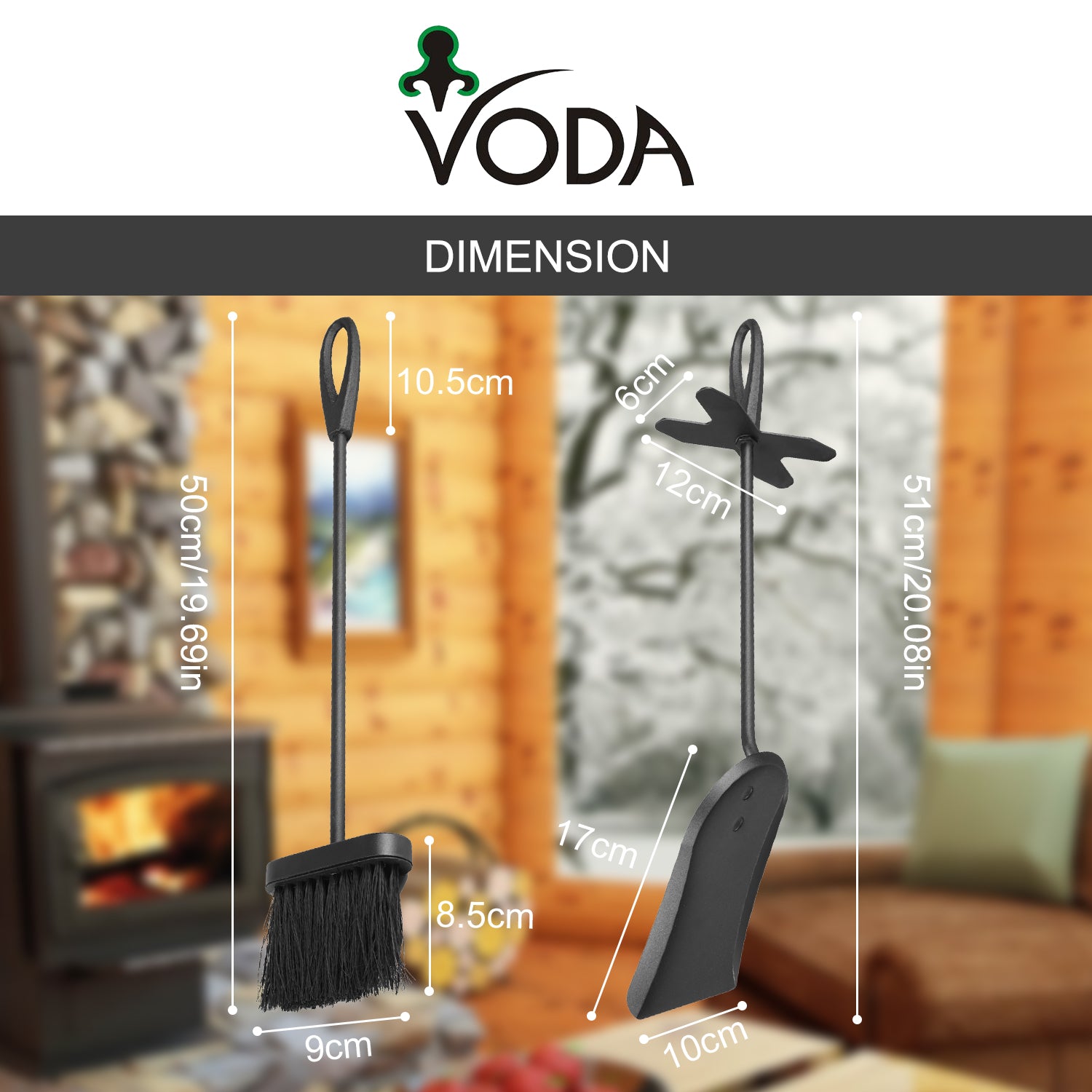 VODA™ Fireplace Tools Set VDTS400 - Heavy Duty Fireplace Poker, Brush, Shovel & Stand - Perfect for Indoor & Outdoor Fire Pits, Wood Stoves, and Fireplaces