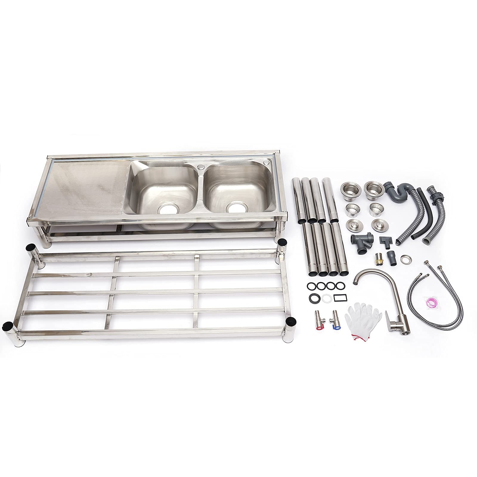 Premium Commercial Double Bowl Stainless Steel Kitchen Sink Set with Drainer & Faucet - Heavy Duty 16 Gauge for Restaurants, Bars, Cafes & Home Kitchens - Perfect for High-Traffic Food Prep, Dishwashing & Buffet Stations