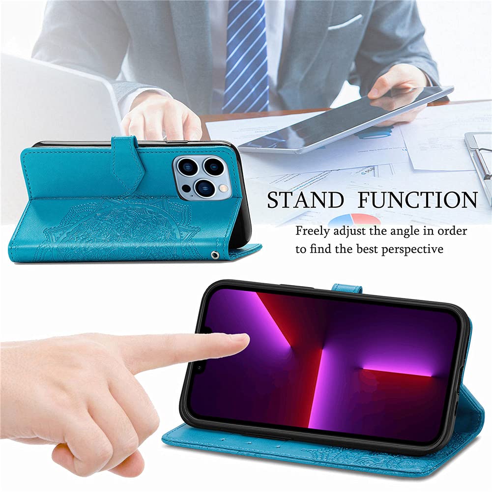 Apple iPhone 13 Pro Max Case - PU Leather Flip Wallet Cover with Card Holder & Kickstand | Mandala Embossed Design | Protective Phone Case for iPhone 13 Pro Max (Blue Mandala) | Perfect for Work, Travel & Everyday Use